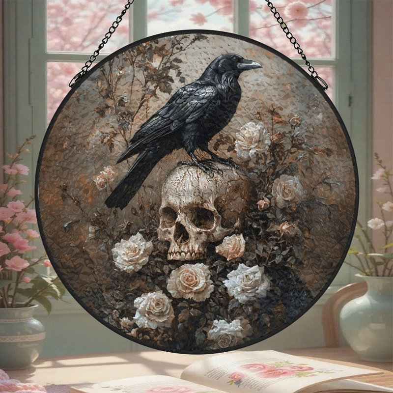 Corbeau perché crânes roses vitrail pour fenêtre, 11,8 x 11,8 po (30 x 30 cm)