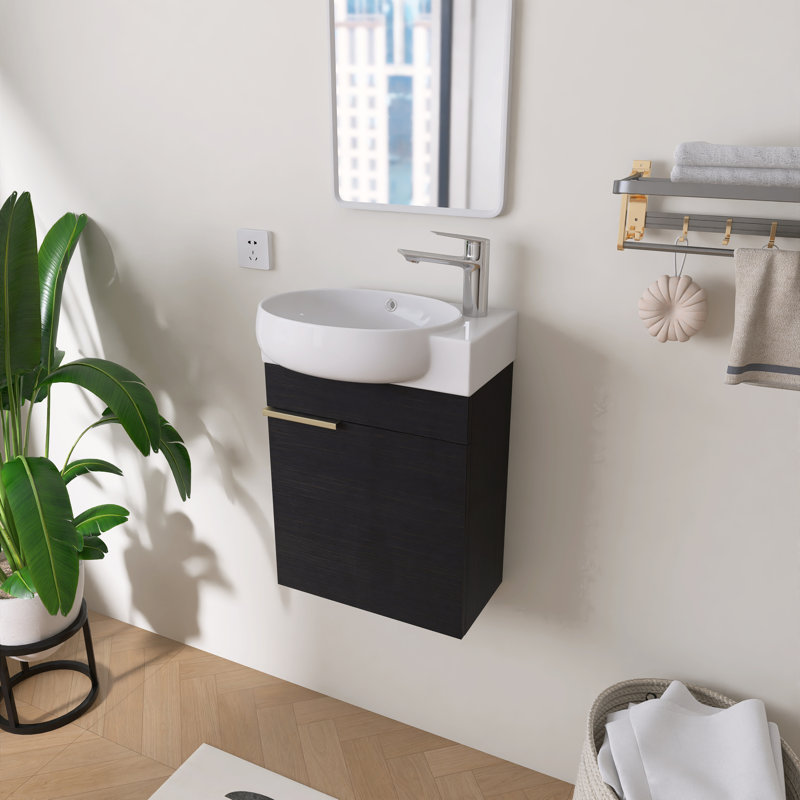 Ensemble de meuble-lavabo mural simple 16 po avec lavabo en céramique Derwent, Noir/or