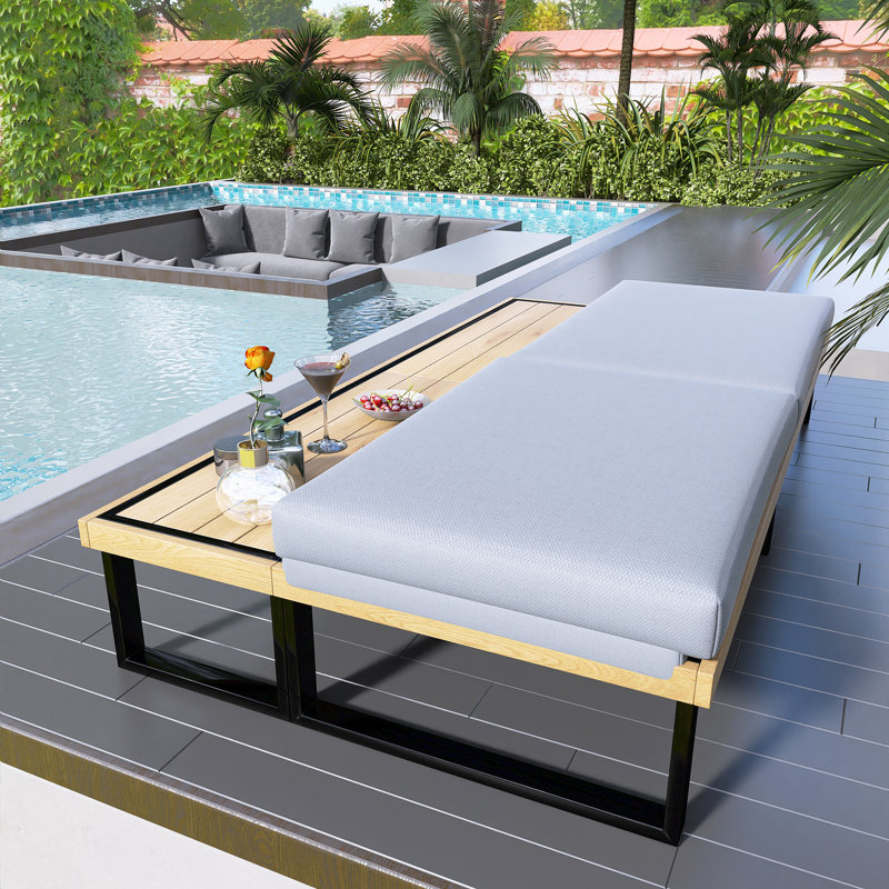 Wood Outdoor Lounge Chair With 5-Position Adjustable Backrest , Sturdy Frame, And Patio Lounger With Side Table, Gray