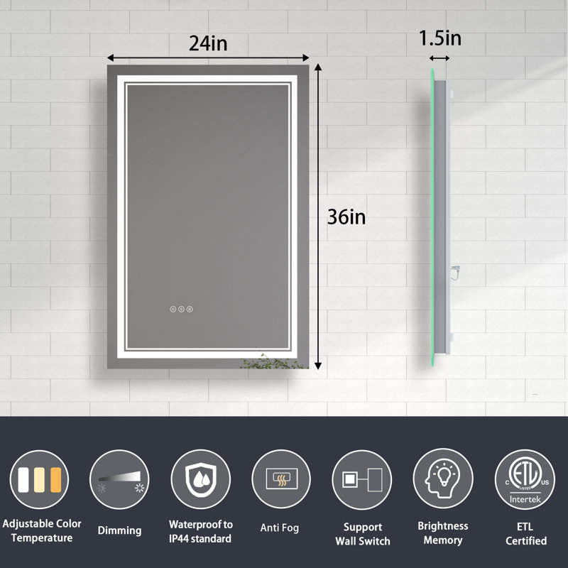 Miroir de salle de bain à DEL à intensité variable avec fonction de désembuage, 36 po x 24 po, Rectangle
