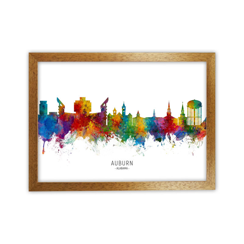 Auburn Alabama Skyline by Michael Tompsett - Print, 46cm H x 63cm W x 3cm D, Brown Framed