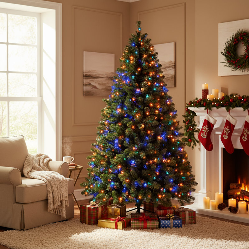 Arbre de Noël pin vert 6 pi avec 300 lumières DEL, Multicolore, 7,5 pi