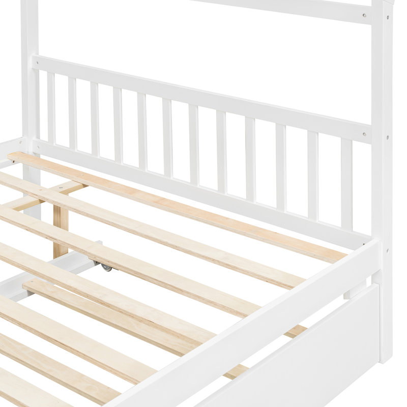 Lit de maison en bois peu encombrant avec lit gigogne escamotable, Lit double, Blanc