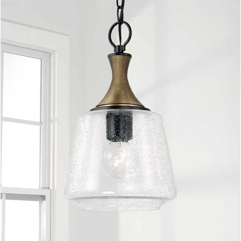 Matte Black and Brass Pendant with Seeded Glass Shade