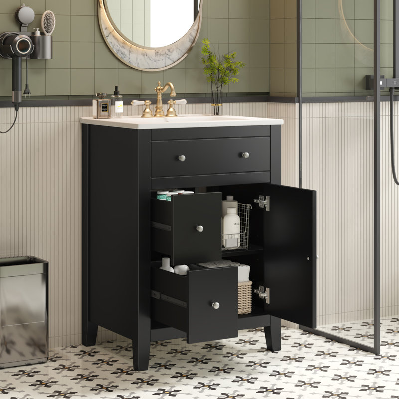 Meuble-lavabo 24 po avec tiroirs en céramique, Noir
