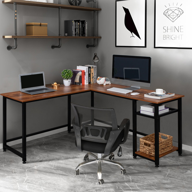 L-Shaped Metal Base Computer Desk, Brown/Black