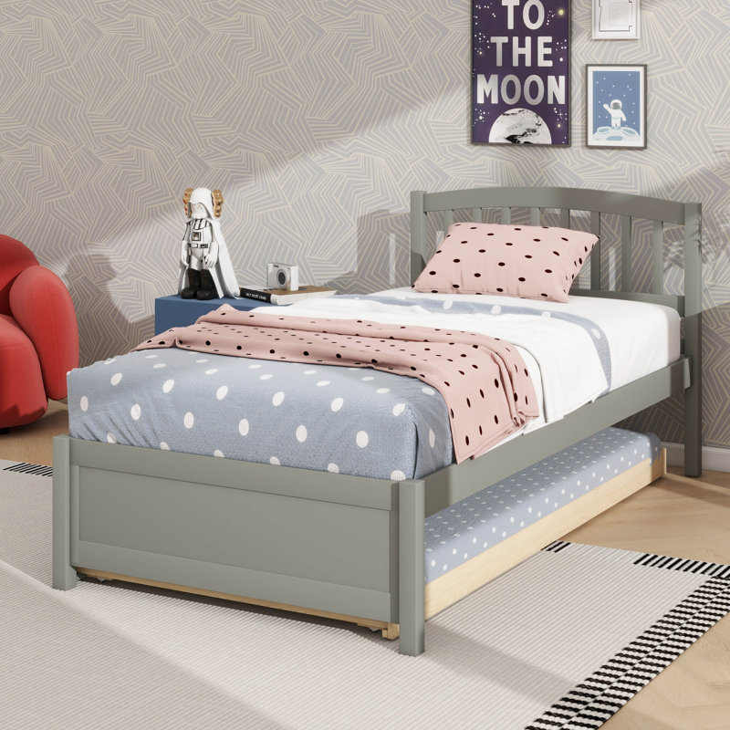 Structure de lit plateforme robuste en bois avec lit gigogne, Gris