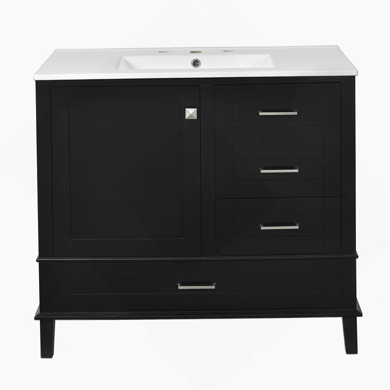 Meuble-lavabo moderne 36 po avec cadre en pin massif, 1 porte à fermeture douce et 3 tiroirs, armoire de rangement moderne