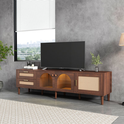 Meuble télé en rotin avec 3 armoires et 2 tiroirs, console multimédia inspirée du rotin pour téléviseur de 80 po ou moins, meuble télé à DEL, meuble télé pour salon, chambre à coucher, cinéma maison