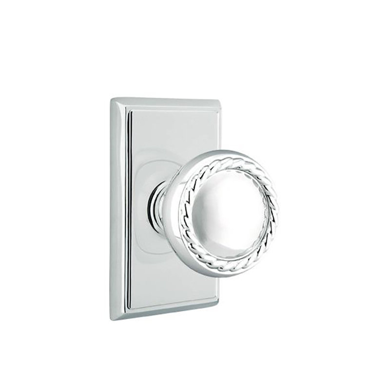 Ensemble de boutons de passage Emtek avec rosette rectangulaire et bouton en corde, Chrome poli