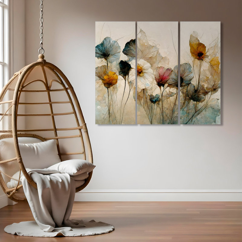 Nature Inspired Dry Flower Bouquet by Treechild - 3 Piece Picture Frame Print Set on Wood, 60" W x 40" H
