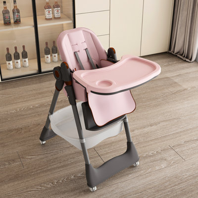 Adjustable Pink High Chair 0 - 6 Years, Featuring 4 Position Tray Adjustment, 3 Reclining , Waterproof Pu Cushion, And Space Saving Foldable Feature For Dining Room