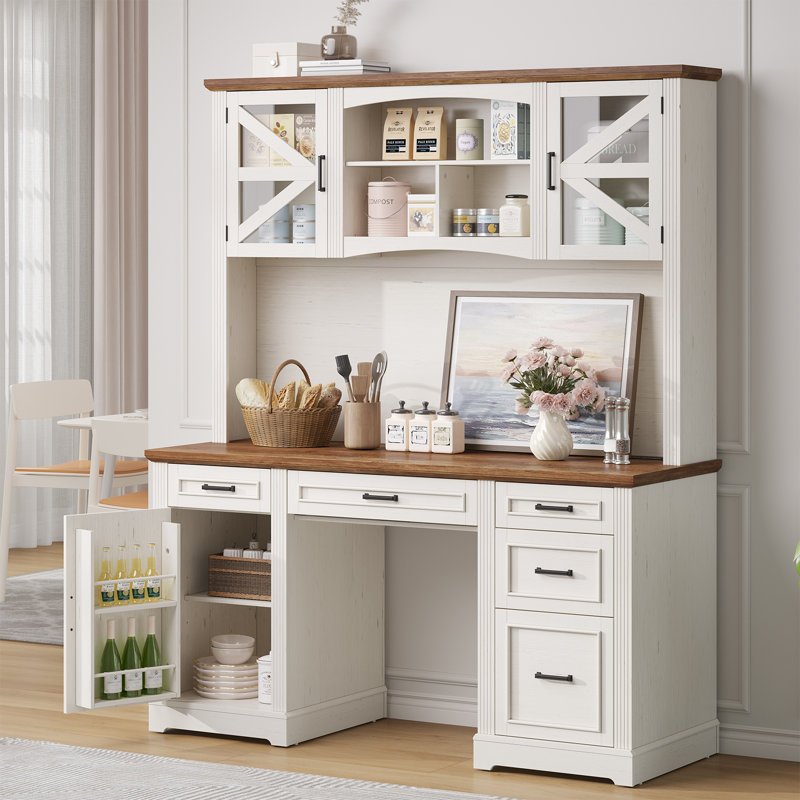 72" Farmhouse Executive Desk with Hutch and Charging Station, Computer Desk with Five Drawers and Large Storage Cabinet
