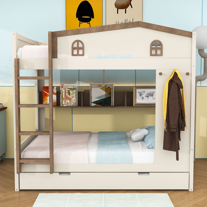 Wooden Bunk Bed with Trundle and Side Shelves and Ladder, Beige/Natural, Full Over Full