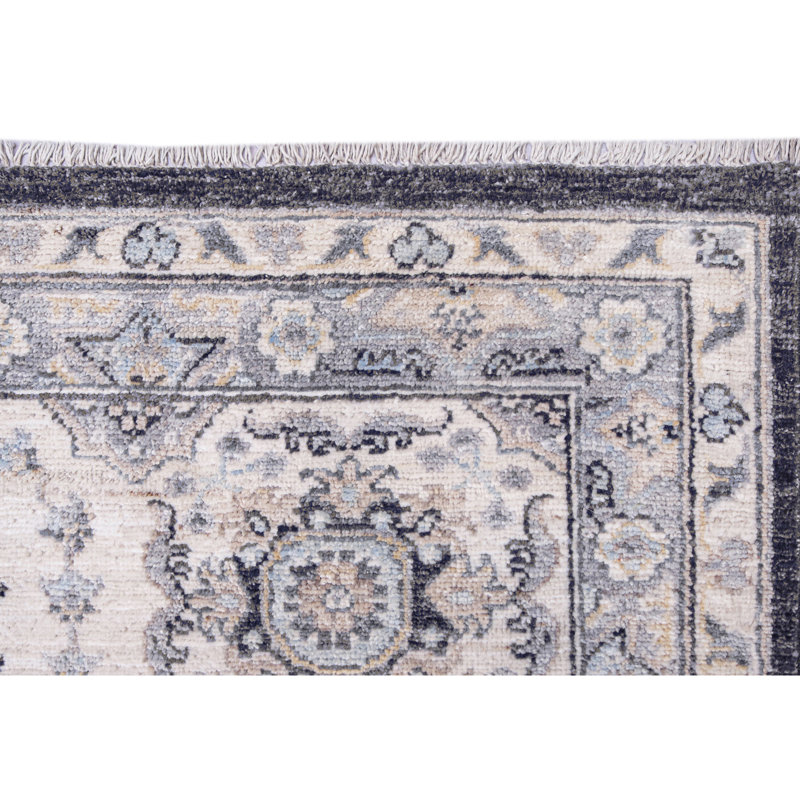 Tapis noir / gris / ivoire / bleu clair de conception unique 9 pi 9 po x 13 pi 5 po