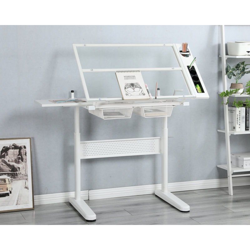 White Drafting Table With 0 - 75° Tiltable Desktop And Stool Craft Desk Hand Crank Adjustable Construction, 2 Metal Drawers,