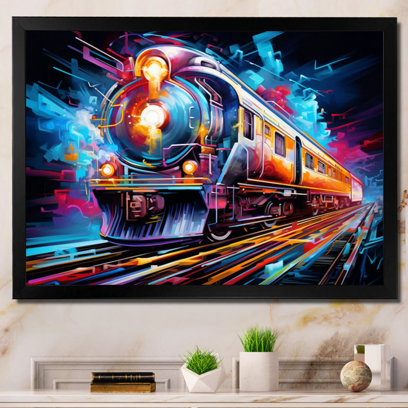 Abstract Train Electric Rhythms - Transportation Canvas Wall Art, Cadre photo noir, H 34 po x l 44 po x P 1,5 po