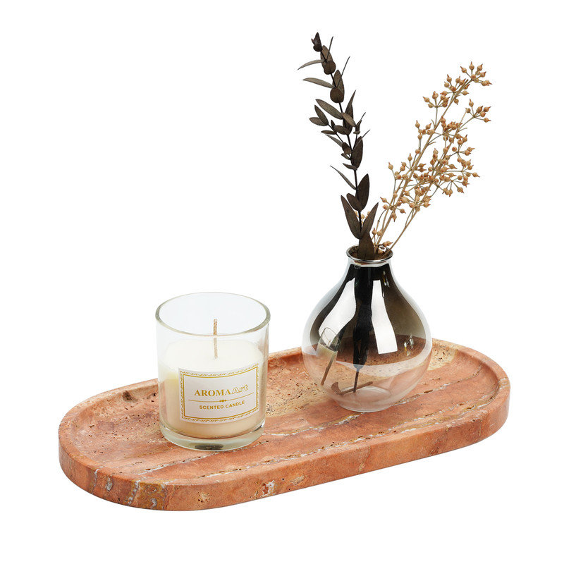Plateau en marbre naturel ovale Guein, Travertin rouge