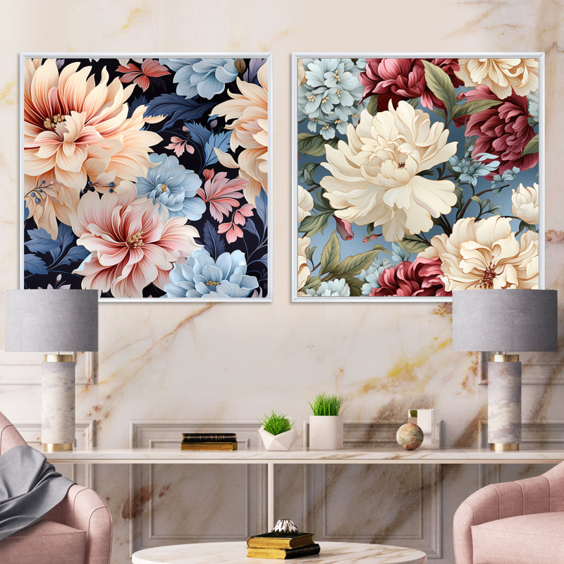 Louca - Ensemble de 2 collages floraux carrés, Cadre flottant blanc, H 30 po x l 61 po