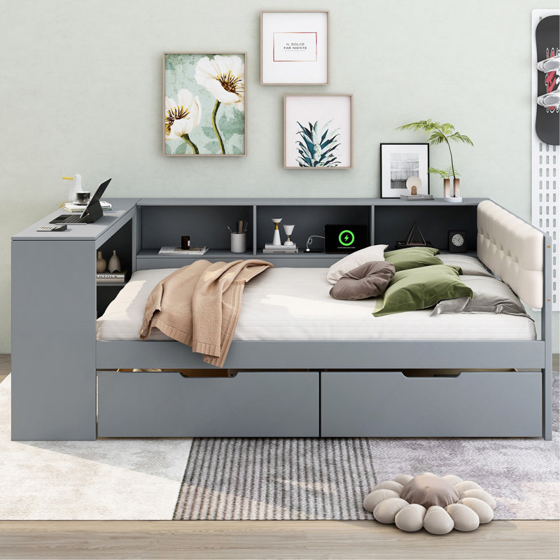 Lit plateforme double en bois avec tablettes de rangement, tiroirs, station de charge et tête de lit tapissier, Gris