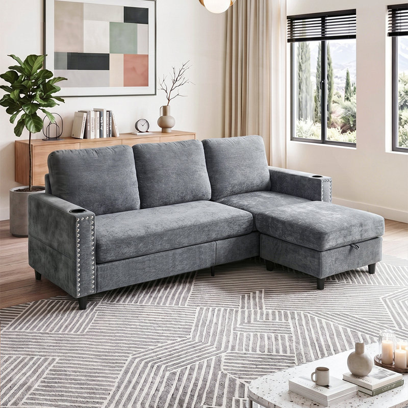 Upholstered L-Shaped 3-Seater Sectional Sofa with Footstool, Grey