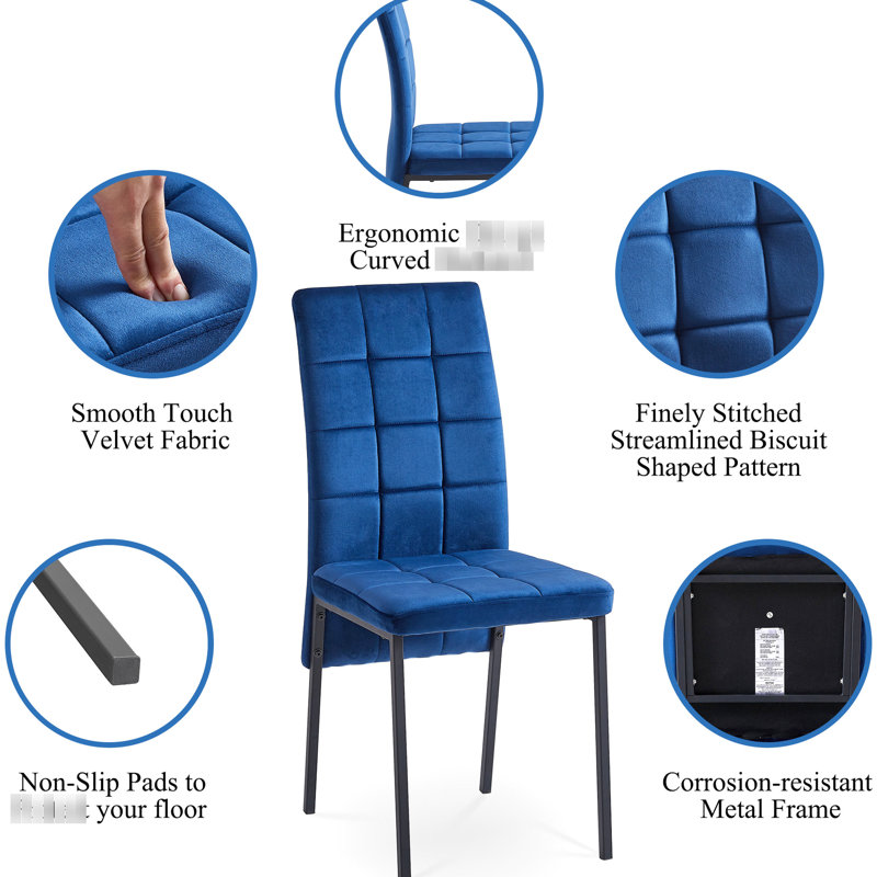 2 pièces, chaises de salle à manger en velours bleu foncé à dossier haut, nordique avec pieds noirs, assise de siège ergonomique et confortable