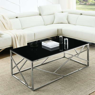 Table basse rectangulaire avec structure en acier inoxydable et verre trempé noir pour la chambre à coucher - salon, acier, plateau