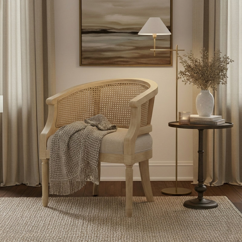 Mid Century Rattan Upholstered Solid Wood Accent Chair