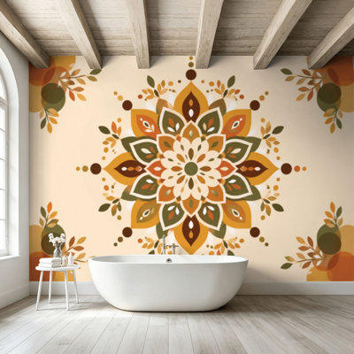 Papier peint adhésif pelez et collez rétro géométrique floral Radial chaud orange brun tons verts art mural auto-adhésif et amovible