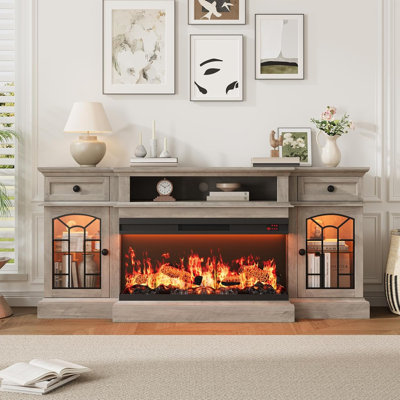 Meuble télé avec foyer 70 po pour téléviseur de 80 po ou moins, meuble télé avec foyer électrique en verre à 3 côtés de 36 po avec tablette ouverte et armoire, console de télévision pour le salon, gris