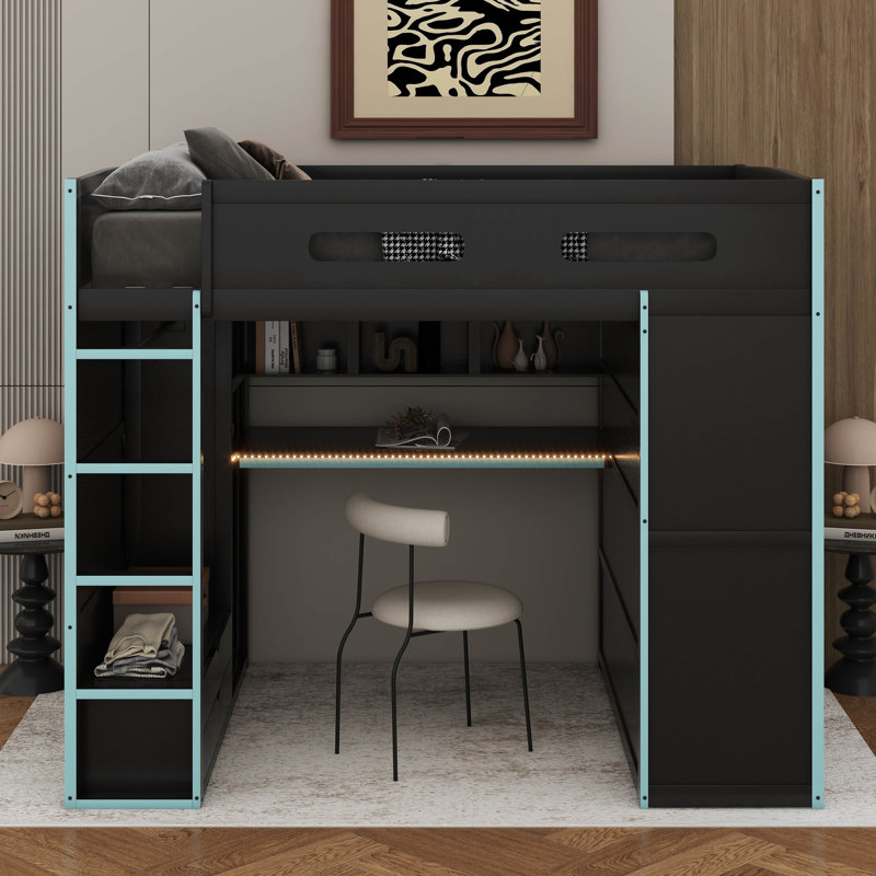 Lit mezzanine double en bois avec bureau, garde-robe, grand espace de rangement et lumière DEL RVB, Vert / noir