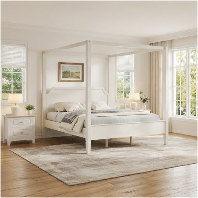 Queen Size Wooden Canopy Platform Bed with Headboard and Support Legs, Creamy White