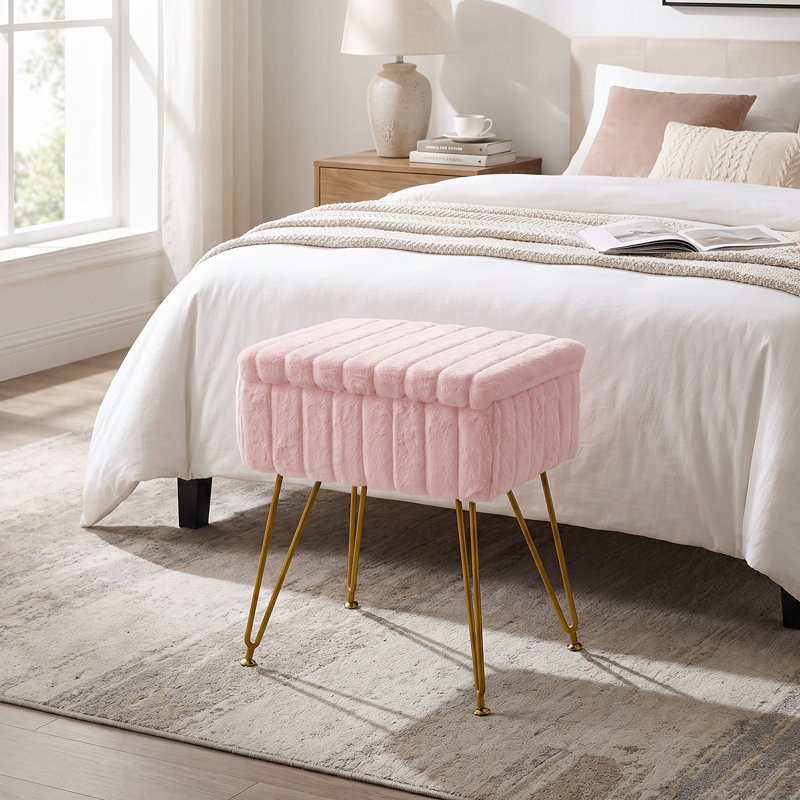 Solid Wood Accent Stool, Pink, Faux Fur