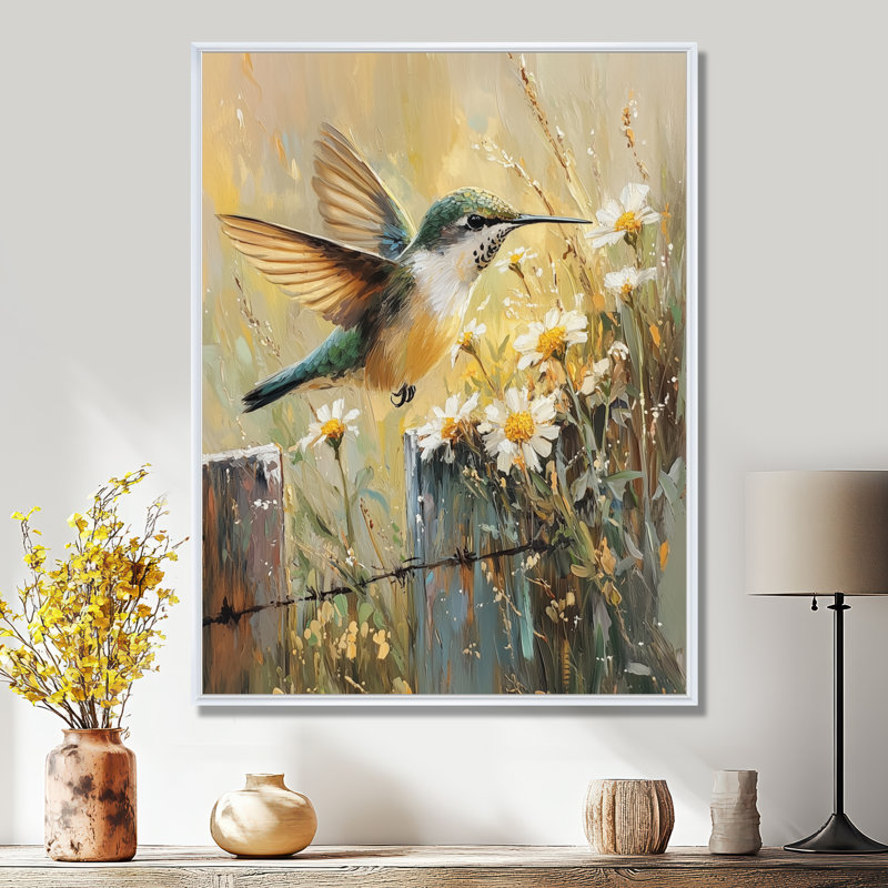 Lloyd Hummingbird par The Farm Fence I - oiseau, art mural, H 44 po x l 34 po, Reproduction avec cadre flottant, Blanc