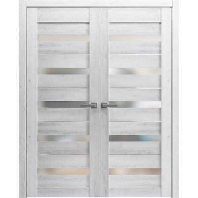 Solid French Double Doors Frosted Glass Quadro 4445 Nordic White Wood Solid Panel Frame Trims Closet Bedroom Sturdy Doors 64" x 84" (2* 32x84)