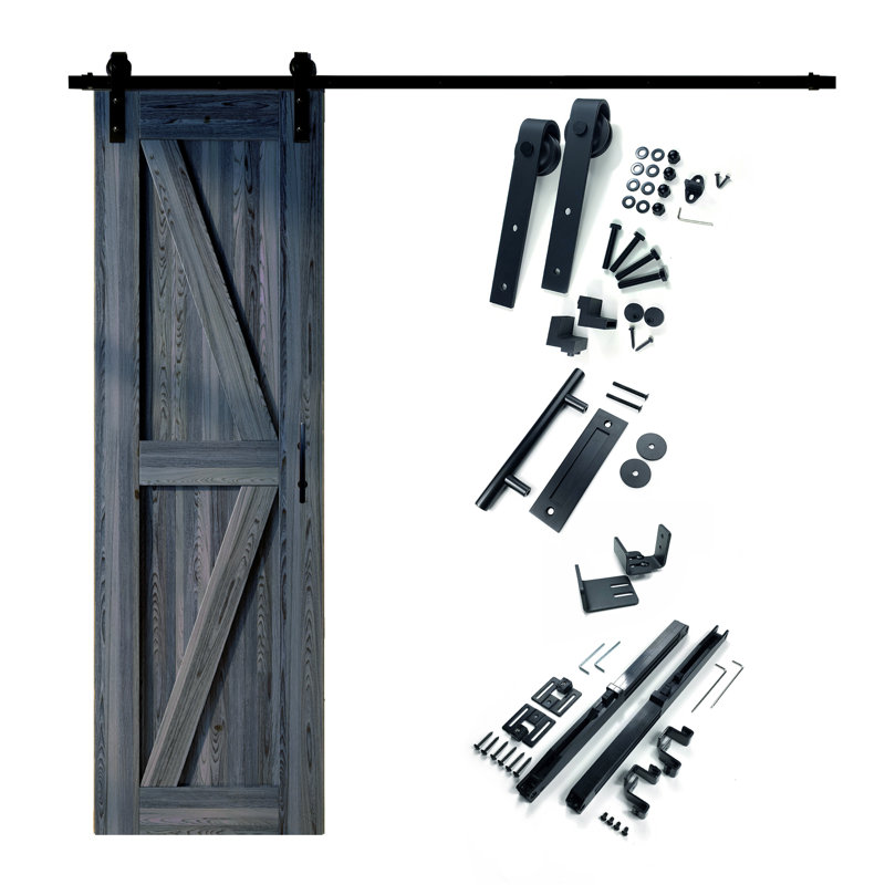 Porte de couleur K en bois de pin massif non assemblé avec quincaillerie d'installation rustique noire, Bleu marine