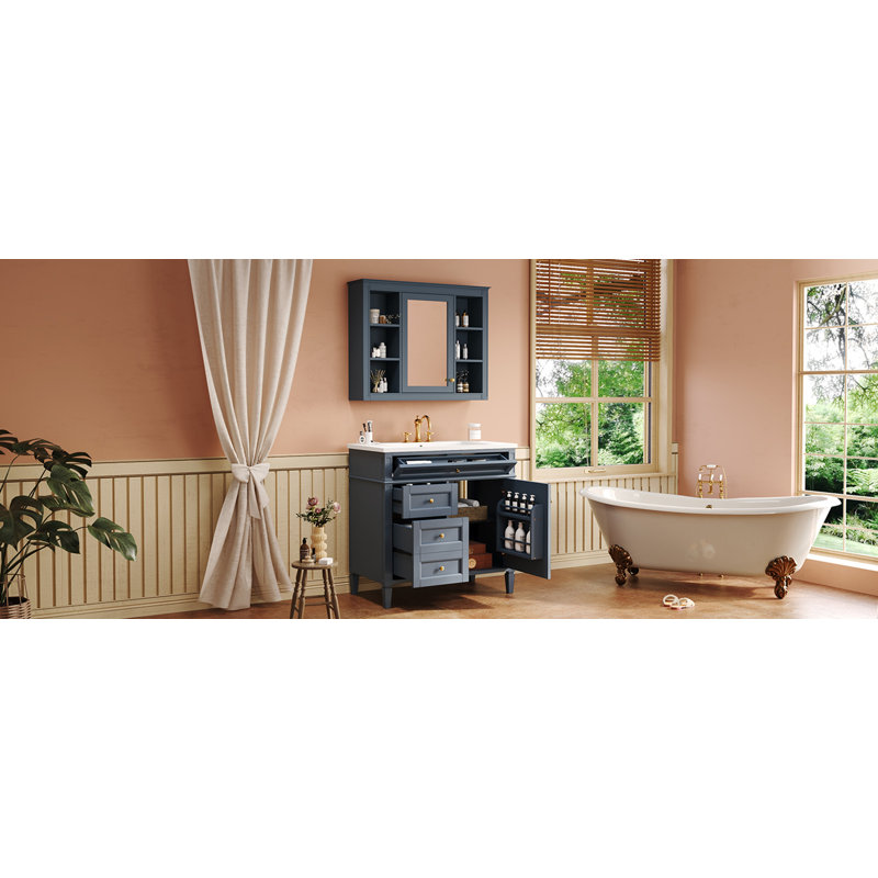 Meuble-lavabo 36 po avec armoire à pharmacie, armoire de rangement moderne avec 2 portes à fermeture douce et 4 tiroirs, meuble-lavabo simple