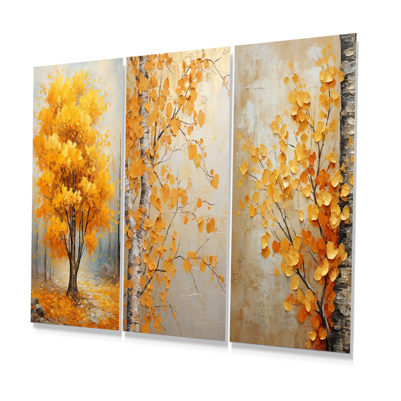 Jaune jaune Basswood Forest II - arbre, ensemble de 3 impressions sur métal, H 32 po x l 48 po