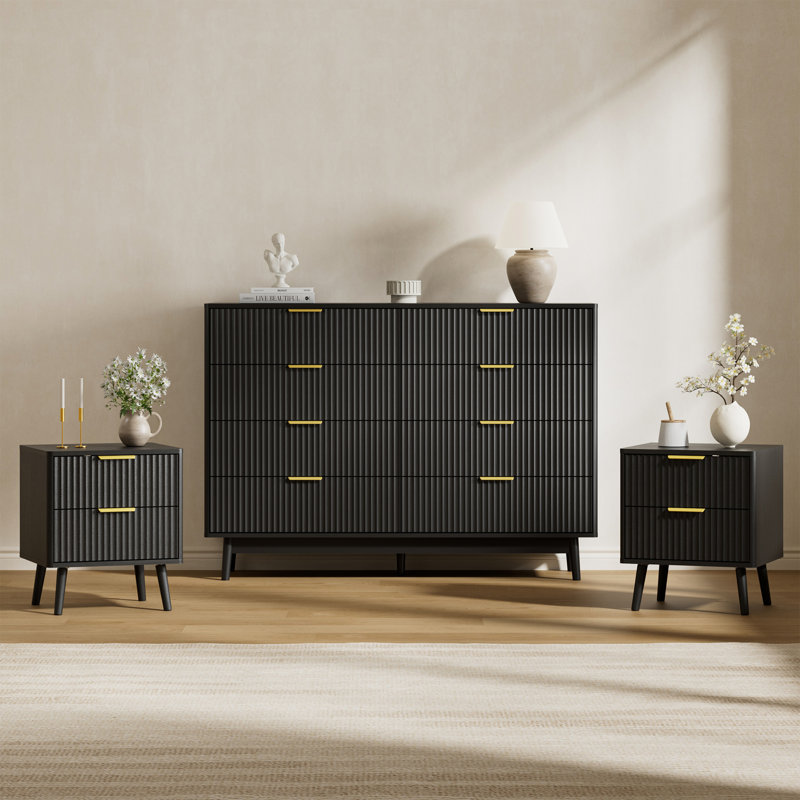 Ensemble de chambre à coucher 3 pièces (1 commode + 2 tables de chevet) (ensemble de 3), Noir