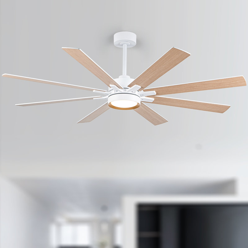 65 in. 8-Blade White / Wood Ceiling Fan with LED Light, Remote and APP Control, Two-Toned Blade, DC Motor