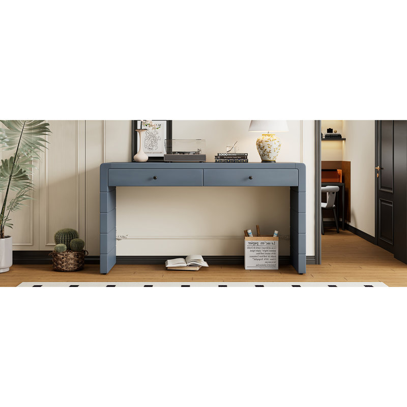 Console courbée avec rangement, table d'entrée en bois avec 2 tiroirs, console rustique de style campagnard pour entrée, couloir, salon, bleu marine