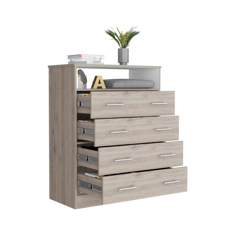 Commode 4 tiroirs Pérou, plateau supérieur, 1 tablette ouverte - gris clair / blanc