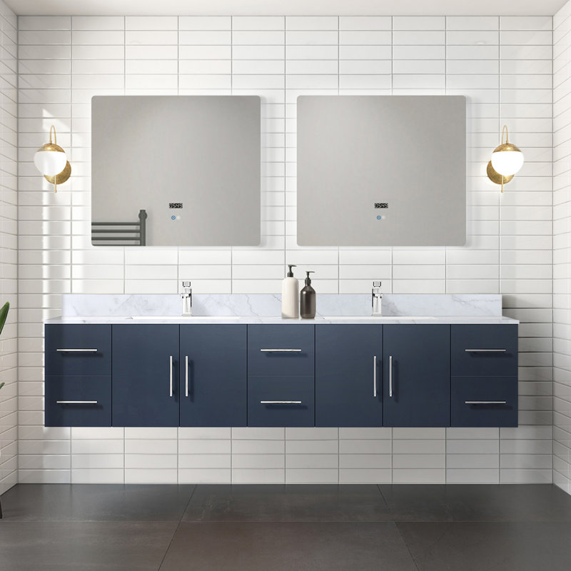 Meuble-lavabo double bleu marine 84 po X P 22 po D, dessus en marbre de Carrare et ensemble de robinet