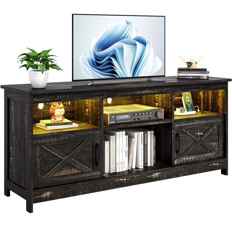  Farmhouse TV Stand For 65 Inch TV, LED Light Entertainment Center With Storage Cabinets, Open Shelves, 24-Color Light Strip