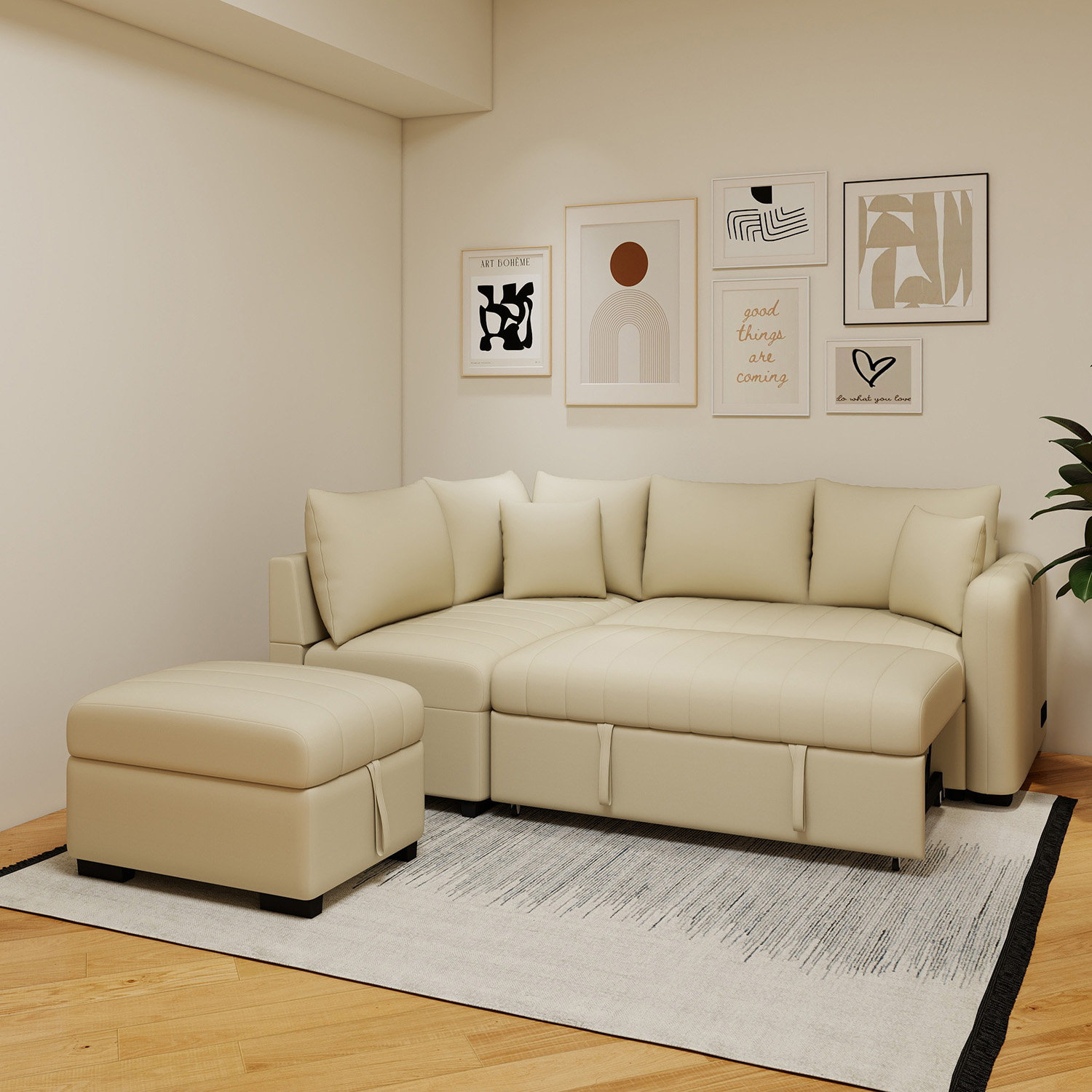 Latitude Run® Beige L-shaped Pull-out Sofa Bed With Two Usb Ports, Two ...