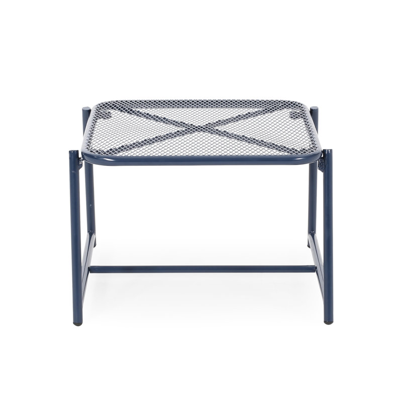 13.03"H Outdoor Side Table In Navy Blue Iron, Featuring Mesh Top And Modern Sled Base With T Frame For Use, Made Of Iron