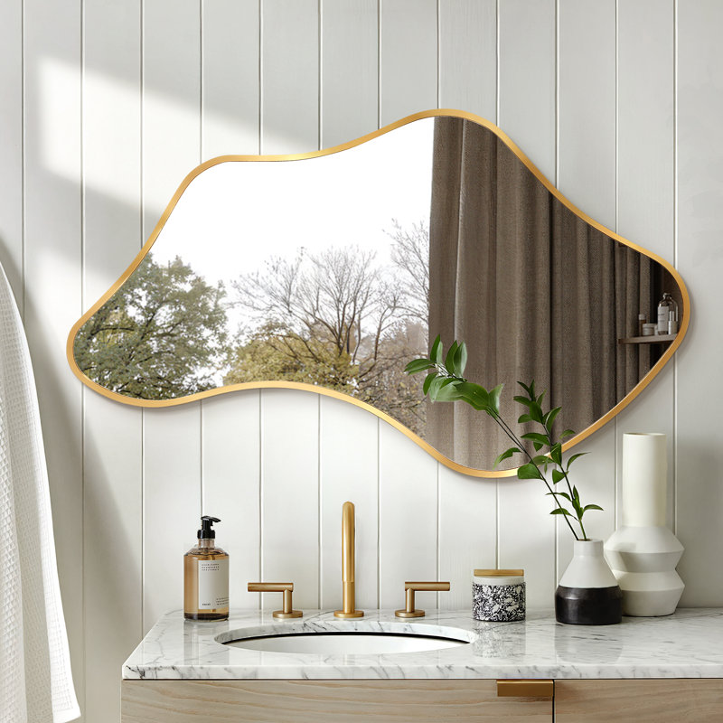 Miroir mural de luxe asymétrique, miroir de meuble-lavabo irrégulier avec cadre en aluminium, Doré, 36 po x 20 po