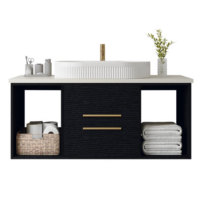 Wall-mounted Minimalist Vanity And Ceramic Sink Combo For Small Spaces Contemporary Solid Wood Design