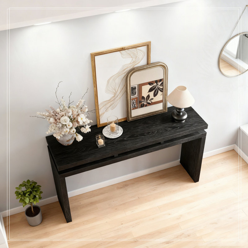 60''Console Table with Double Board Suspension Design, Solid Wood & MDF, Black