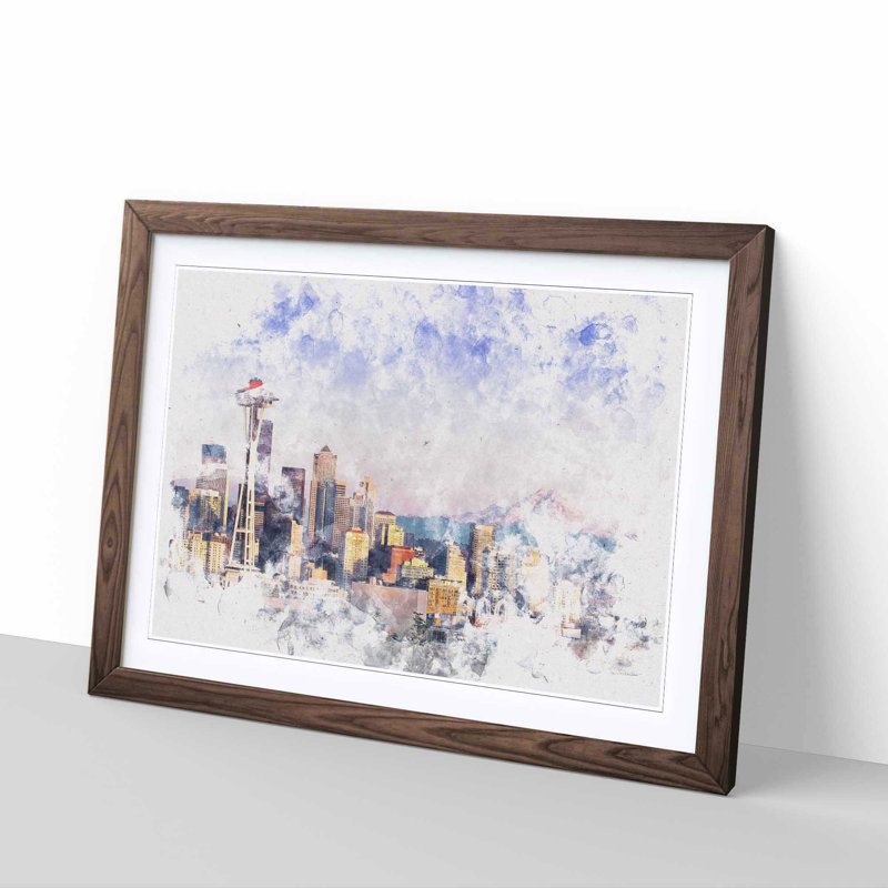 Seattle Skyline - Picture Frame Painting Print, 62cm H x 87cm W x 2cm D, Walnut Framed